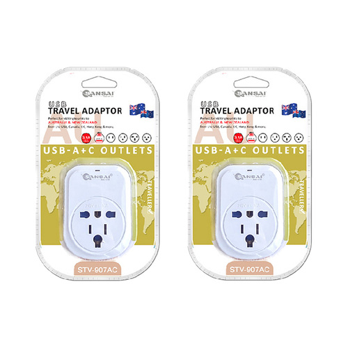 2PK Sansai Worldwide Travel Adaptor USB-C+A UK/USA/Europe to AU/NZ Plug