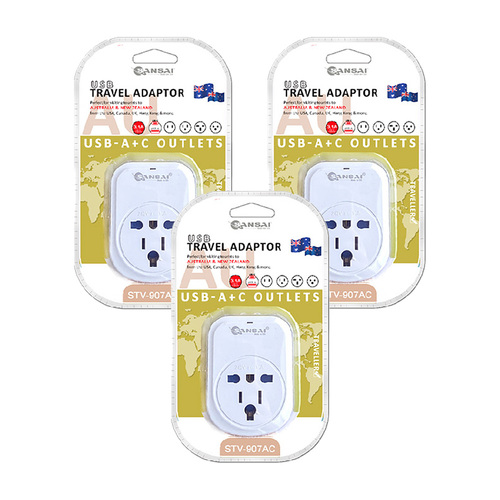 3PK Sansai Worldwide Travel Adaptor USB-C+A UK/USA/Europe to AU/NZ Plug