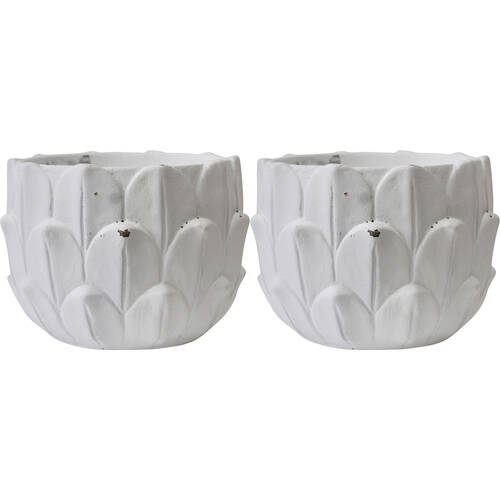 2PK LVD Cement Embossed Lotus Flower Petals Planter Pot 16x11.5cm White