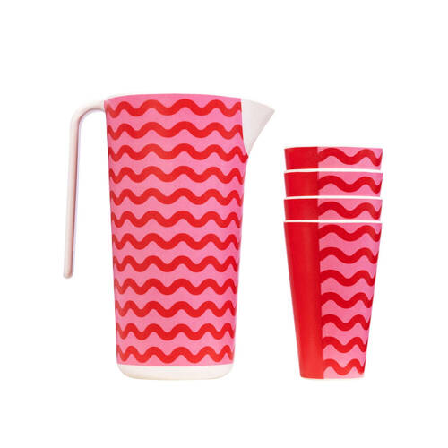 Splosh Summer Waves Bamboo Melamine 1395ml Jug w/ 4x Drink Cup Pink