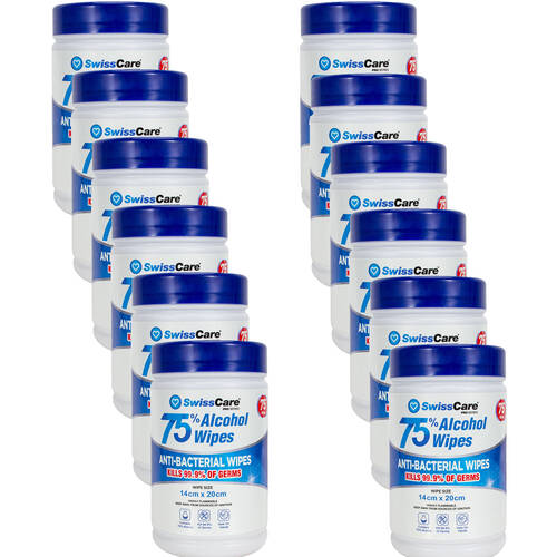 12PK SwissCare 75% Alcohol DIsposable Antibacterial Cleaning Wipes 140x200mm