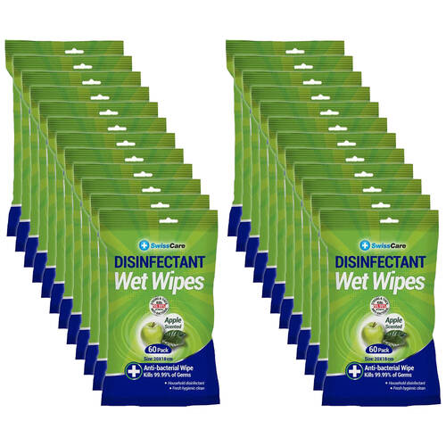 24x 60pc SwissCare Antibacterial Disinfectant Cleaning Wet Wipes Apple Scented