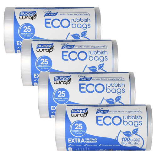4x 25pc SugarWrap Eco-Rubbish Bags 27L Roll Home Cleaning