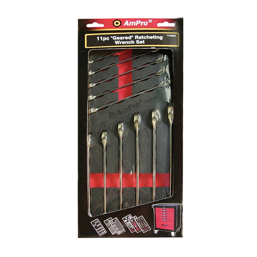 11pc Ampro Geared Metric Ratcheting Wrench Set T43945
