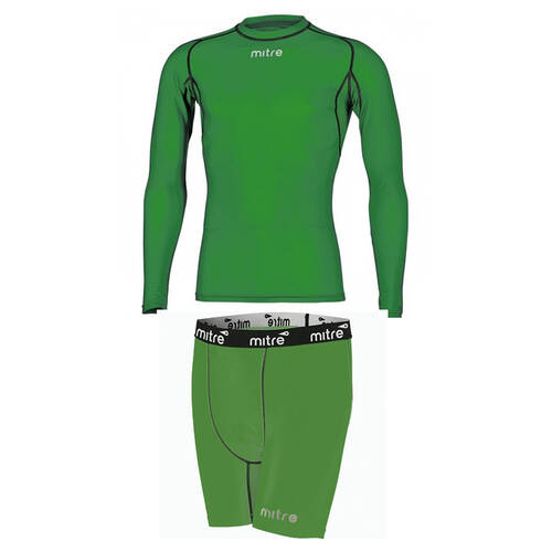 Mitre Neutron Sports Men's Compression Shorts & LS Top Set Size LG Emerald