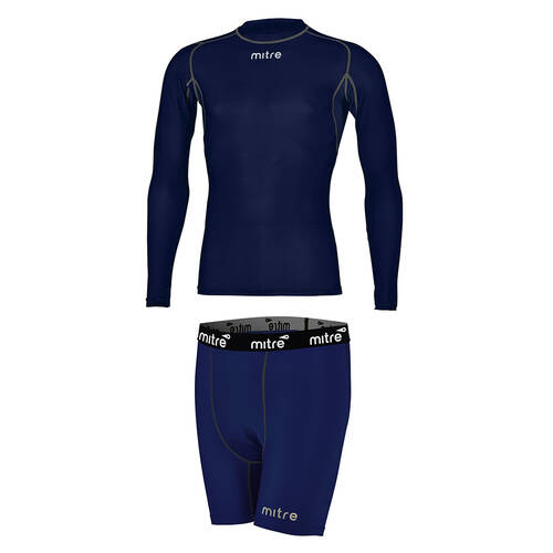 Mitre Neutron Sports Men's Compression Shorts & LS Top Set Size MD Navy