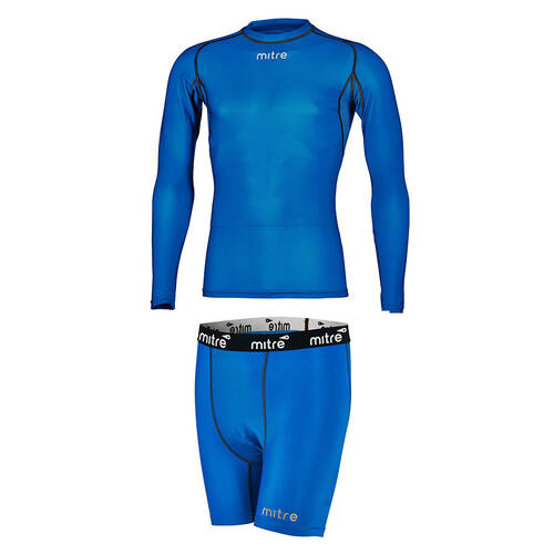 Mitre Neutron Sports Men's Compression Shorts & LS Top Set Size SM Royal