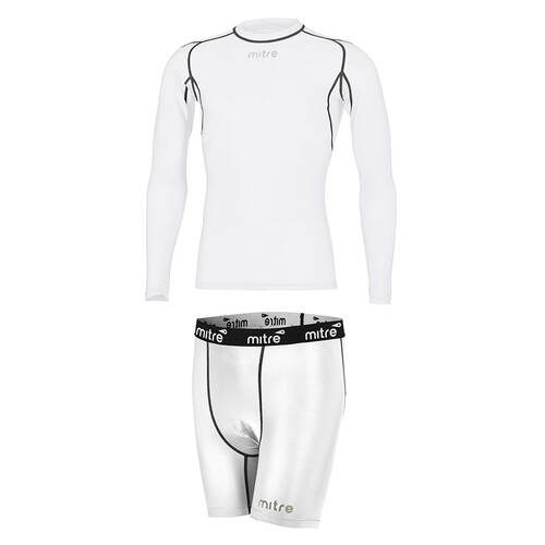 Mitre Neutron Sports Men's Compression Shorts & LS Top Set Size SM White