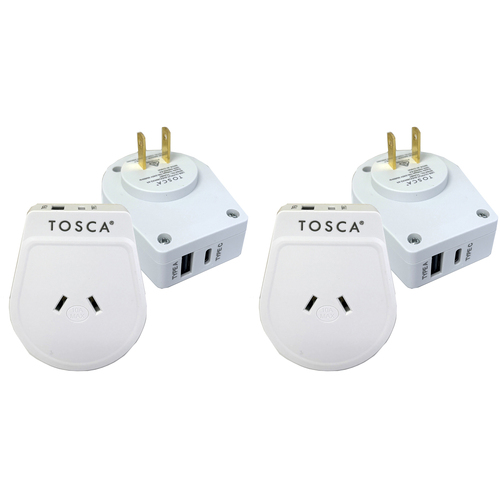 2PK Tosca Japan OB Portable Travel Adapter USB A&C - White
