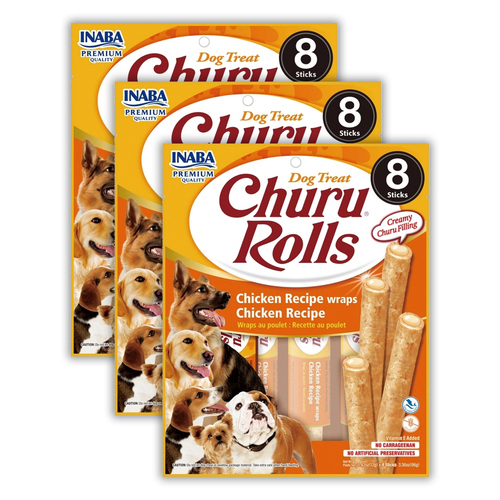 3x 8pc Inaba Pet Dog Churu Rolls Chicken Wraps 96g