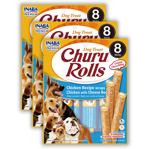 3x 8pc Inaba Pet Dog Churu Rolls Chicken Wraps w/ Cheese 96g