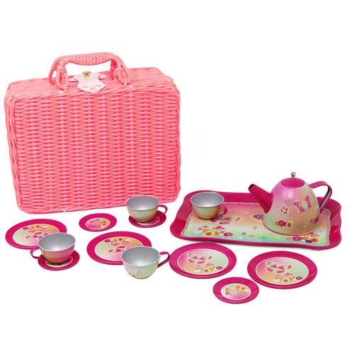 15pc Pink Poppy Rainbow Butterfly Tea Set in Basket 3y+