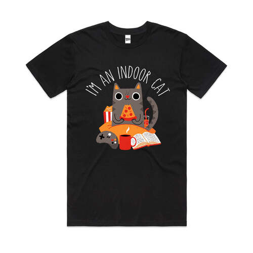 Indoor Cat Funny Reading Book Slogan Cotton T-Shirt Black Size 2XL