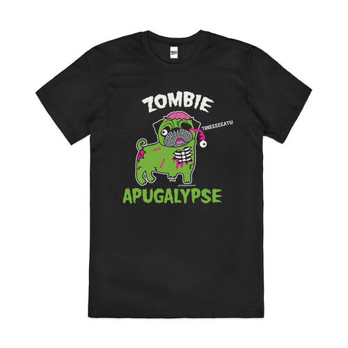 Zombie Apugalypse Pug Dog Brains Funny Cotton T-Shirt Black Size 3XL