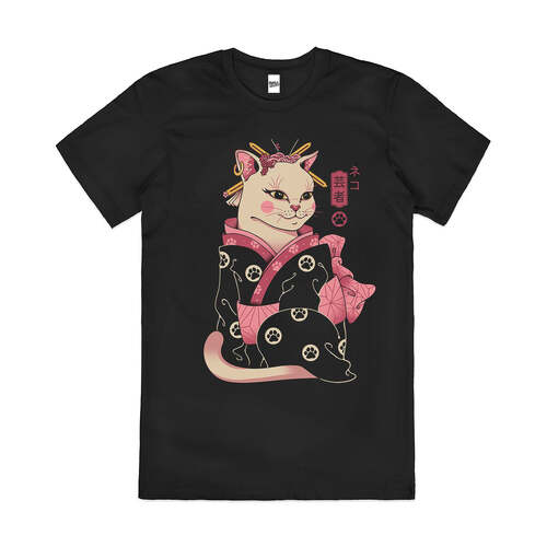 Neko Geisha Japanese Cat Kitty Artsy Cotton T-Shirt Black Size 3XL