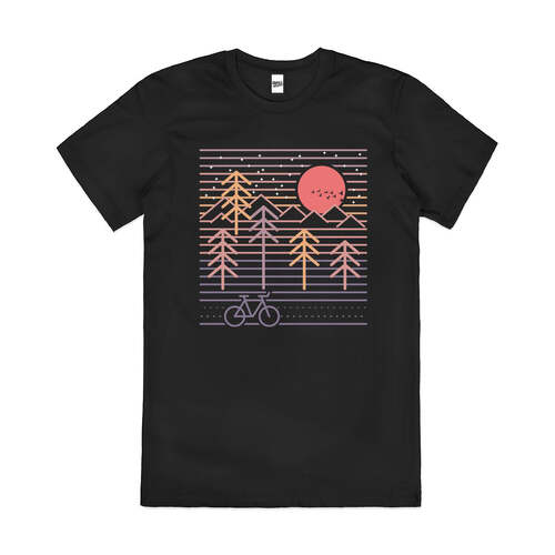 Nature Cycling Mountains Sunset Artsy Cotton T-Shirt Black Size 4XL
