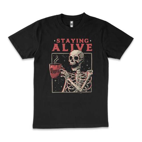 Staying Alive Funny Skeleton Coffee Cotton T-Shirt Black Size L