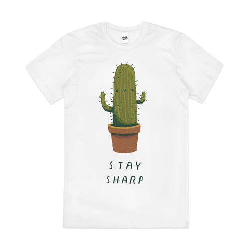 Stay Sharp Funny Cactus Plant Succulent Cotton T-Shirt White Size S