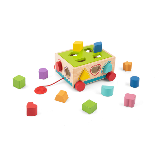 16pc Tooky Toy Kids Wooden Shape Sorter Cart Block Puzzle 12m+