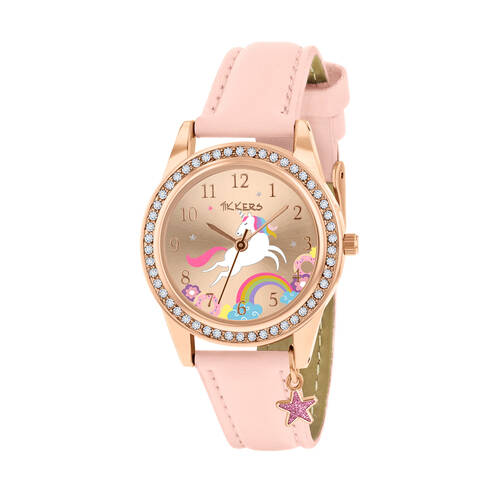 Tikkers Charm Collection Unicorn Gold Dial Watch w/ Leather Straps - Pink