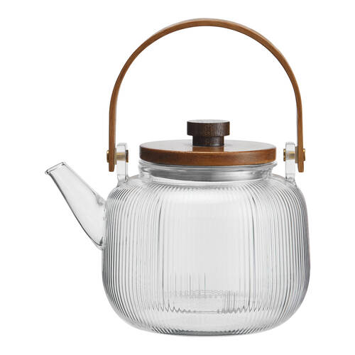 NF Living 850ml Ginny Glass Teapot Modern Design Wood Kitchenware Clear