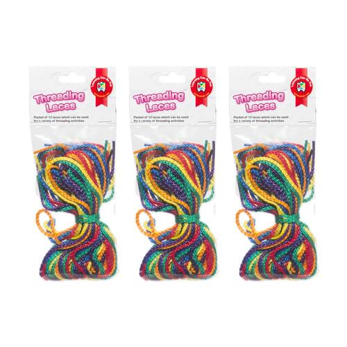 3x 12pc Learning Can Be Fun Threading Laces 90cm 6 Colours Strong Weave 3y+