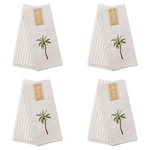 4x 2pc LVD Stonewashed Chambray Cotton Teatowel Palm Tree Set 45x70cm Natural