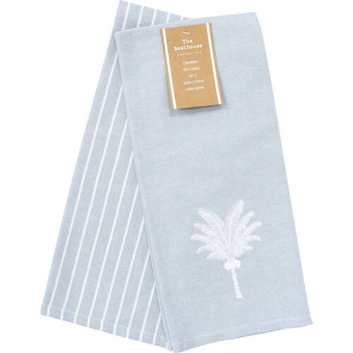 2pc LVD Stonewashed Chambray Cotton Teatowel Palm Cove Set 45x70cm Blue