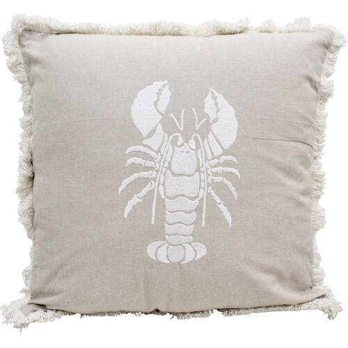 LVD Stone Washed Chambray Cotton Fringing Embroidered Cushion 46x46cm Lobster
