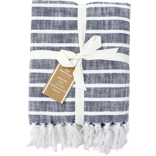 LVD Stonewashed Cotton Harbour Stripe Throw Blanket 120x150cm Navy Blue