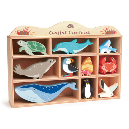 10pc Tender Leaf Toys 36cm Coastal Animal Wooden Toy Set w/ Shelf Kids 3y+
