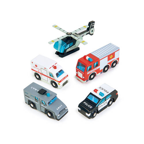 5pc Tender Leaf Toys Emergency Vehicles Wooden Toy 3y+