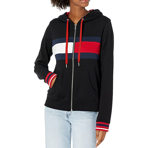 Tommy Hilfiger Size S Women's Zip Front Hoodie Flag Colour Block & Stripe Black