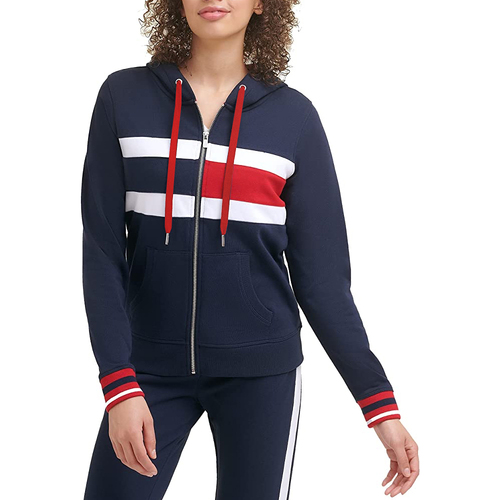Tommy Hilfiger Size M Women's Zip Front Hoodie Flag Colour Block & Stripe Navy