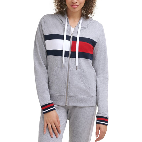 Tommy Hilfiger Size L Women's Zip Front Hoodie Flag Colour Block & Stripe Grey