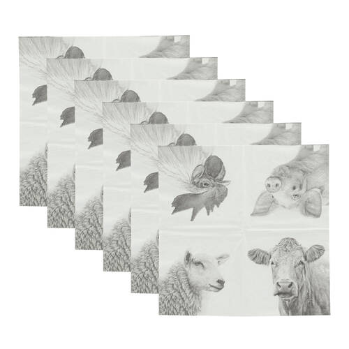 6PK Esschert Design Paper 3-ply Napkin Large Farm Animals Black/White