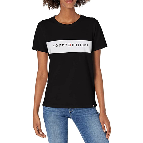Tommy Hilfiger Size XS Women's Short Sleeve Sports Crew Tee w/ Colour Block & Print Black