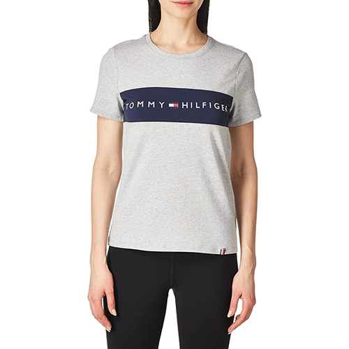 Tommy Hilfiger Size M Women's Short Sleeve Sports Crew Tee w/ Colour Block & Print Grey