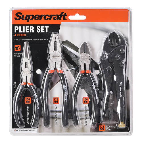 4pc Supercraft Longnose/Combination/Side Cutting/Locking Plier Set 