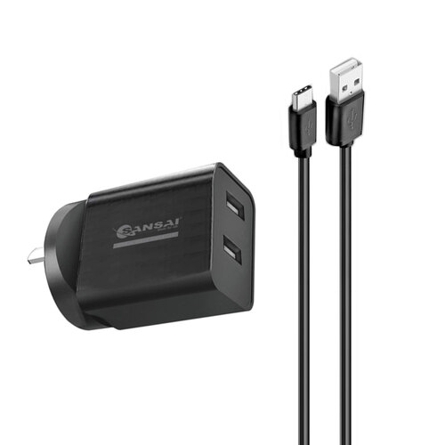 Sansai Dual USB Wall Charger w/USB C Charging Cable Black