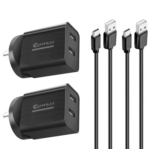 2x Sansai Dual USB Wall Charger w/USB C Charging Cable Black