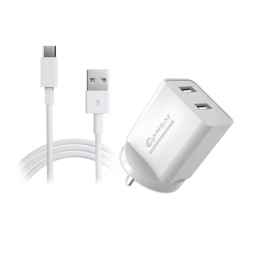 Dual USB Wall Charger w/USB C Charging Cable White