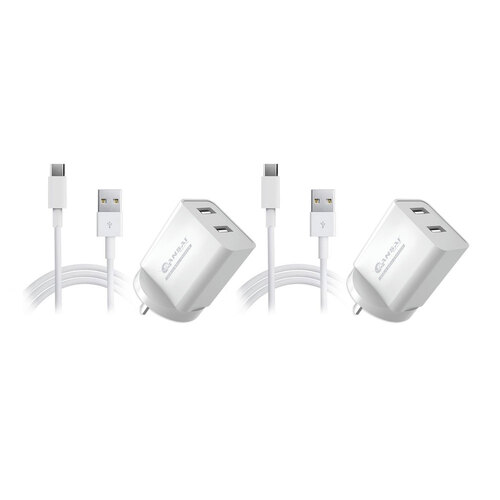 2x Dual USB Wall Charger w/USB C Charging Cable White