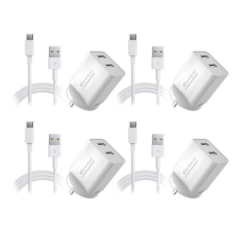 4x Dual USB Wall Charger w/USB C Charging Cable White