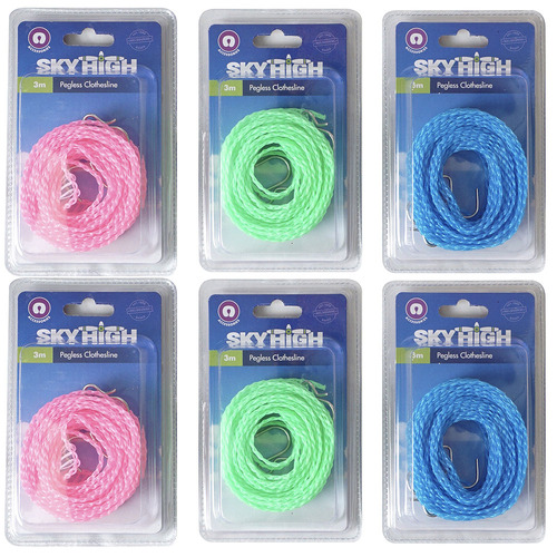 6PK Sky High Travel Pegless Clothes Line Assorted Colours 