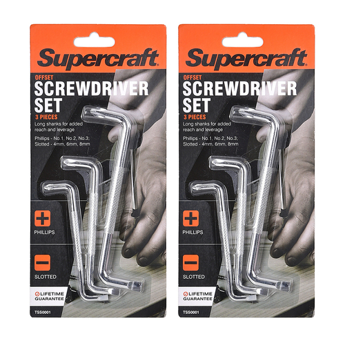 2x 3pc Supercraft Chrome Long Shank Philips/Slotted Screwdriver Offset Set 