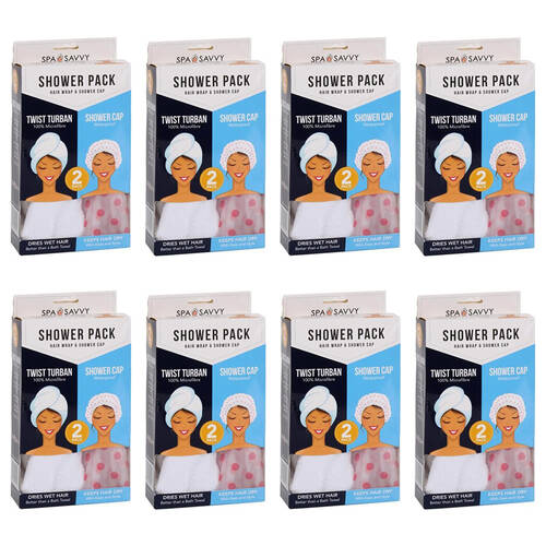 8x 2pc Spa Savvy Twist Turban Hair Wrap & Waterproof Shower Cap Pack 2-in-1