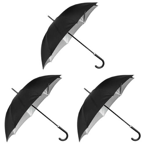 3PK Lightweight Long Silver Lining HD Sun Rain Umbrella Black