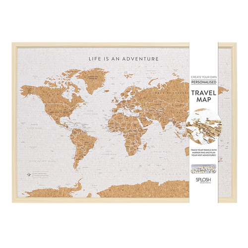Splosh 93.5cm Travel Framed Cork Board World Map w/ Hook & Stand Large