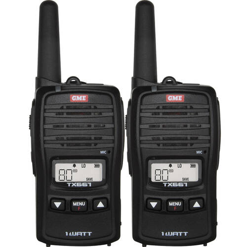 GME UHF CB 1 Watt Ultra Compact 80 Channel Handheld Radio Twin Pack Black